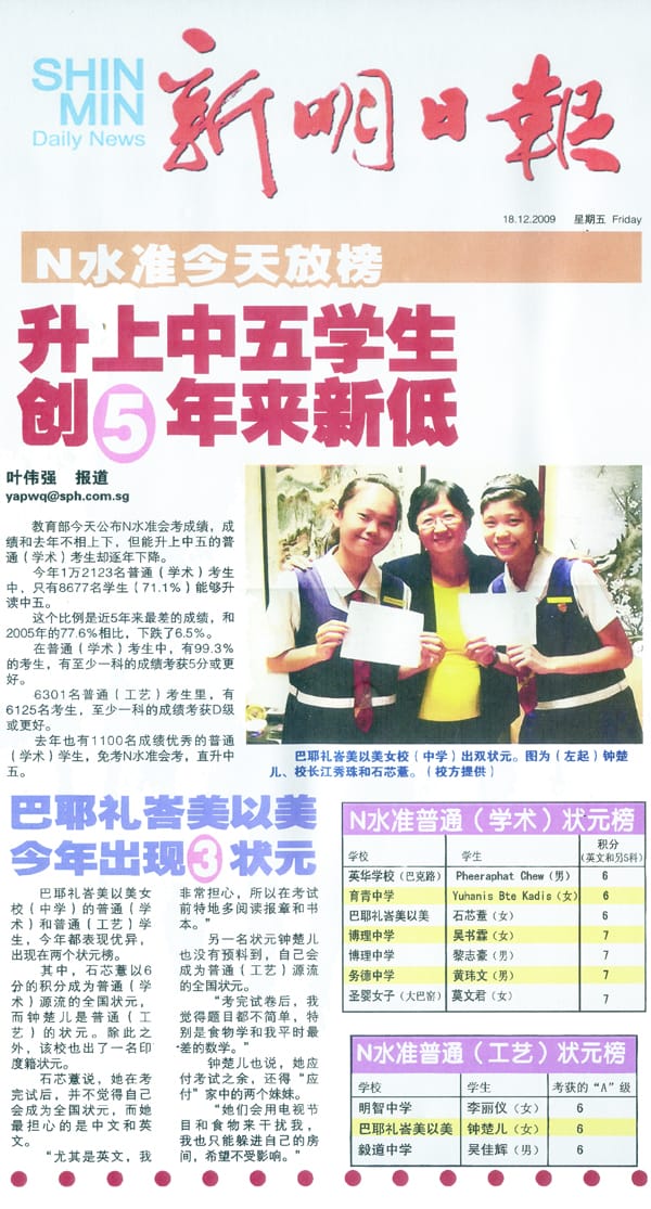 Shin Min Daily News front page dated 18.12.2009 with Chinese text and a photo of three smiling students.